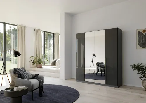 Kleiderschrank Drehtürenschrank Glamour | mit Spiegeltüren | effektgrau Hochglanz / grau metallic | verschiedene Größen