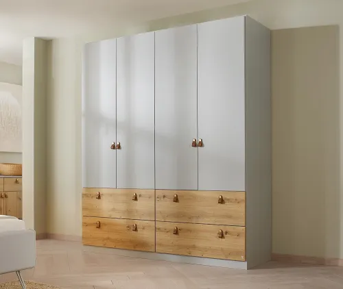 Kleiderschrank Drehtürenschrank Homey | 4-türig | mit Schubkästen | seidengrau / Eiche Artisan | 181x210