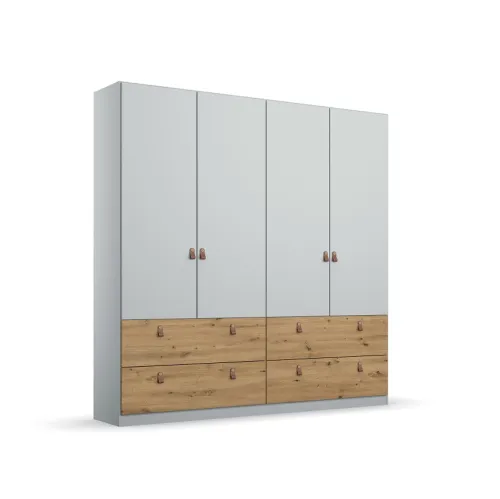Kleiderschrank Drehtürenschrank Homey | 4-türig | mit Schubkästen | seidengrau / Eiche Artisan | 181x210