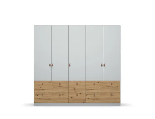 Kleiderschrank Drehtürenschrank Homey | 5-türig | mit Schubkästen | seidengrau / Eiche Artisan | 226x210
