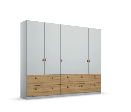 Kleiderschrank Drehtürenschrank Homey | 5-türig | mit Schubkästen | seidengrau / Eiche Artisan | 226x210