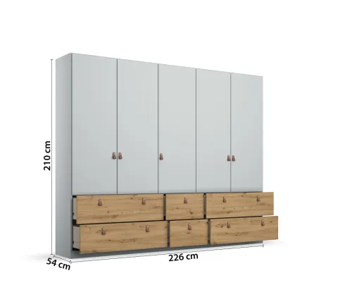 Kleiderschrank Drehtürenschrank Homey | 5-türig | mit Schubkästen | seidengrau / Eiche Artisan | 226x210