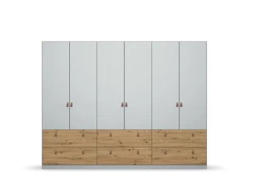 Kleiderschrank Drehtürenschrank Homey | 6-türig | mit Schubkästen | seidengrau / Eiche Artisan | 271x210