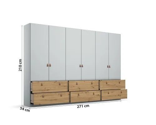 Kleiderschrank Drehtürenschrank Homey | 6-türig | mit Schubkästen | seidengrau / Eiche Artisan | 271x210
