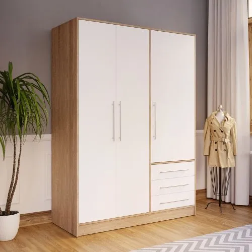 Kleiderschrank Drehtürenschrank Jupiter | mit Schubkästen | Sonoma Eiche / weiß | verschiedene Größen