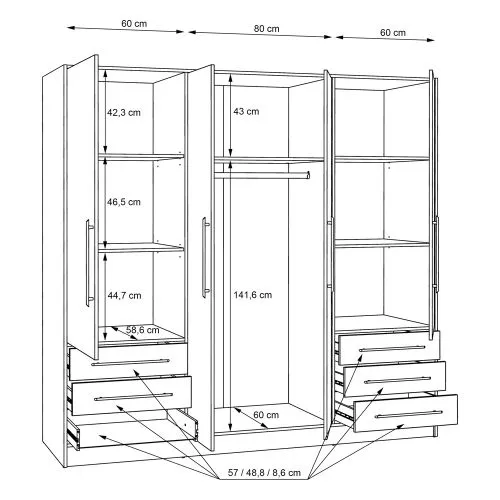 Kleiderschrank Drehtürenschrank Jupp | 4-türig | mit Schubkästen | Sonoma Eiche