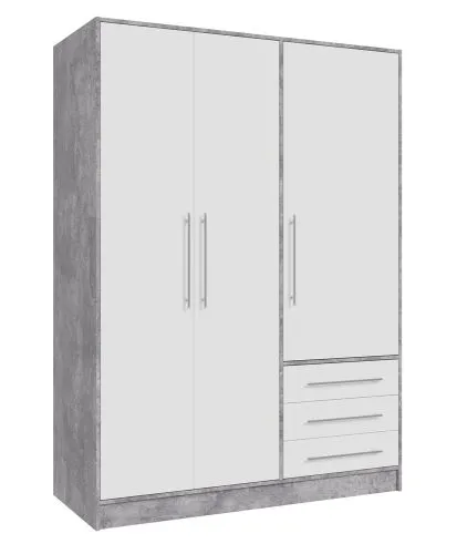 Kleiderschrank Drehtürenschrank Jupp | mit Schubkästen | Betonoptik Lichtgrau / weiß | 144,6 x 200 x 60 cm Sanduhrgriff