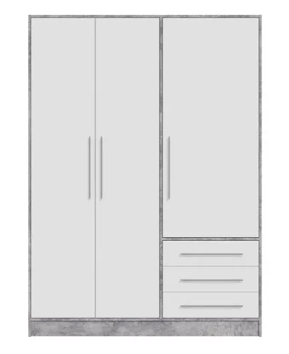 Kleiderschrank Drehtürenschrank Jupp | mit Schubkästen | Betonoptik Lichtgrau / weiß | 144,6 x 200 x 60 cm Sanduhrgriff