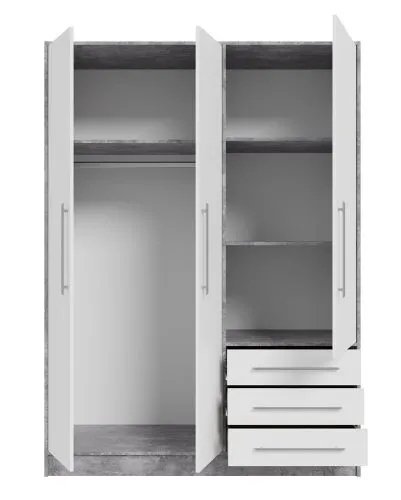 Kleiderschrank Drehtürenschrank Jupp | mit Schubkästen | Betonoptik Lichtgrau / weiß | 144,6 x 200 x 60 cm Sanduhrgriff