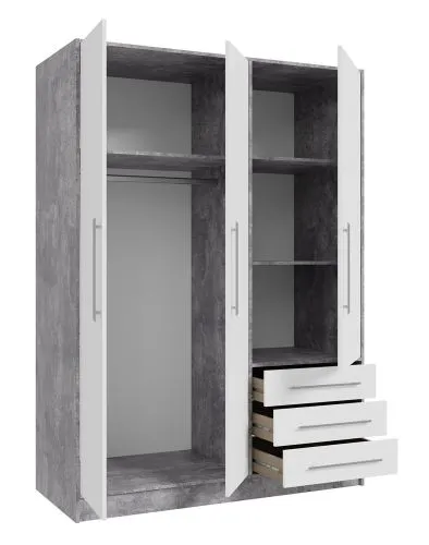 Kleiderschrank Drehtürenschrank Jupp | mit Schubkästen | Betonoptik Lichtgrau / weiß | 144,6 x 200 x 60 cm Sanduhrgriff