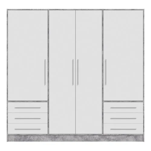 Kleiderschrank Drehtürenschrank Jupp | mit Schubkästen | Betonoptik Lichtgrau / weiß | 206,5 x 200 x 60 cm Sanduhrgriff