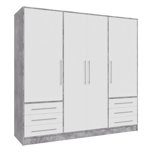 Kleiderschrank Drehtürenschrank Jupp | mit Schubkästen | Betonoptik Lichtgrau / weiß | 206,5 x 200 x 60 cm Sanduhrgriff