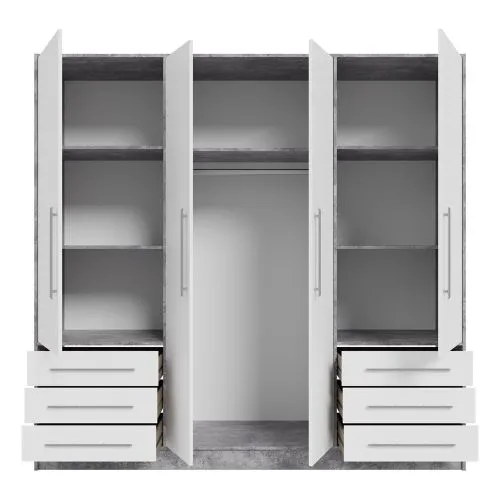 Kleiderschrank Drehtürenschrank Jupp | mit Schubkästen | Betonoptik Lichtgrau / weiß | 206,5 x 200 x 60 cm Sanduhrgriff