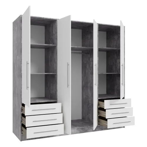 Kleiderschrank Drehtürenschrank Jupp | mit Schubkästen | Betonoptik Lichtgrau / weiß | 206,5 x 200 x 60 cm Sanduhrgriff