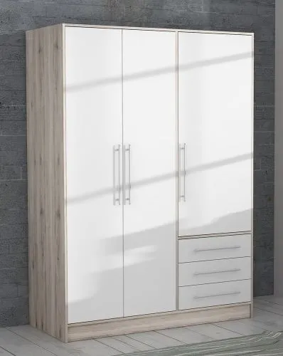 Kleiderschrank Drehtürenschrank Jupp | mit Schubkästen | Sandeiche / weiß | 144,6 x 200 x 60 cm | Kantengriff