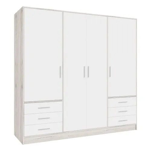 Kleiderschrank Drehtürenschrank Jupp | mit Schubkästen | Sandeiche / weiß | 206,5 x 200 x 60 cm Kantengriff