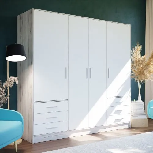 Kleiderschrank Drehtürenschrank Jupp | mit Schubkästen | Sandeiche / weiß | 206,5 x 200 x 60 cm Kantengriff