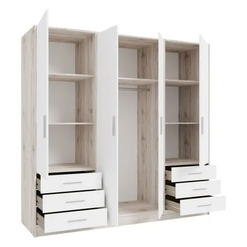 Kleiderschrank Drehtürenschrank Jupp | mit Schubkästen | Sandeiche / weiß | 206,5 x 200 x 60 cm Sanduhrgriff