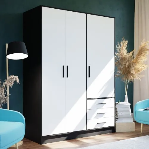 Kleiderschrank Drehtürenschrank Jupp | mit Schubkästen | schwarz / weiß | 144,6 x 200 x 60 cm