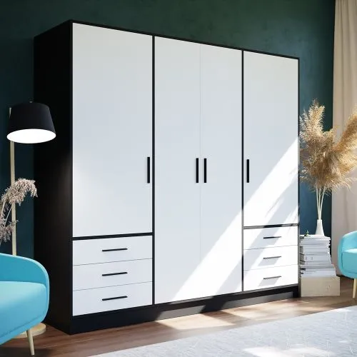 Kleiderschrank Drehtürenschrank Jupp | mit Schubkästen | schwarz / weiß | 206,5 x 200 x 60 cm