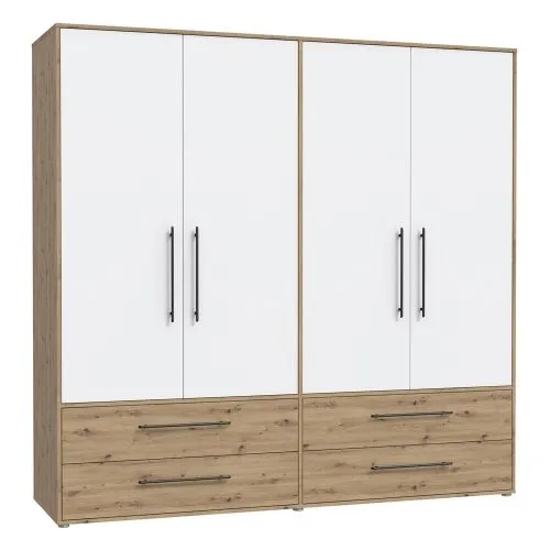 Kleiderschrank Drehtürenschrank Mokko | 4-türig | mit Schubkästen | Artisan Eiche / weiß