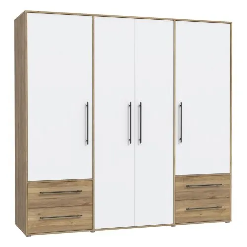 Kleiderschrank Drehtürenschrank Mokko | 4-türig | mit Schubkästen | Mauvella Eiche / weiß