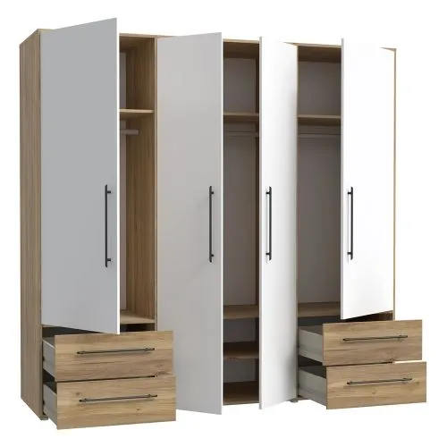 Kleiderschrank Drehtürenschrank Mokko | 4-türig | mit Schubkästen | Mauvella Eiche / weiß