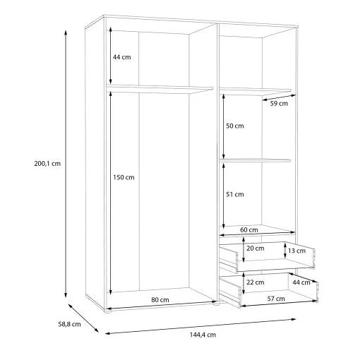 Kleiderschrank Drehtürenschrank Mokko | mit Schubkästen | Artisan Eiche | 144,4 x 200 x 59 cm
