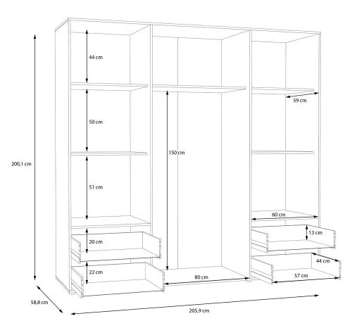 Kleiderschrank Drehtürenschrank Mokko | mit Schubkästen | Artisan Eiche | 206 x 200 x 59 cm