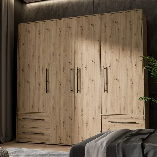Kleiderschrank Drehtürenschrank Mokko | mit Schubkästen | Artisan Eiche | 206 x 200 x 59 cm