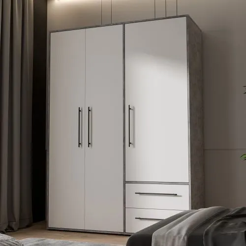 Kleiderschrank Drehtürenschrank Mokko | mit Schubkästen | Betonoptik Lichtgrau / weiß | 144,4 x 200 x 59 cm