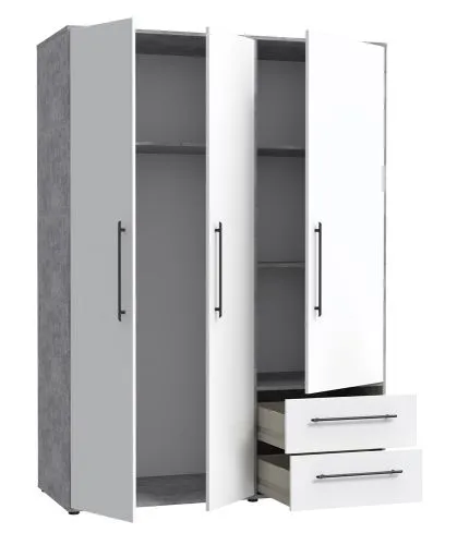 Kleiderschrank Drehtürenschrank Mokko | mit Schubkästen | Betonoptik Lichtgrau / weiß | 144,4 x 200 x 59 cm