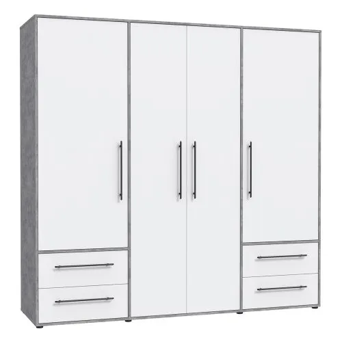 Kleiderschrank Drehtürenschrank Mokko | mit Schubkästen | Betonoptik Lichtgrau / weiß | 206 x 200 x 59 cm