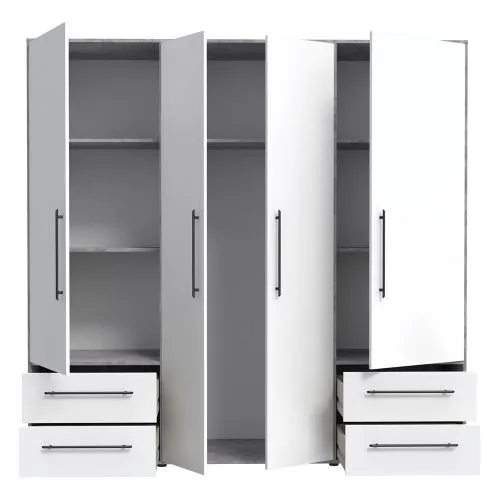 Kleiderschrank Drehtürenschrank Mokko | mit Schubkästen | Betonoptik Lichtgrau / weiß | 206 x 200 x 59 cm