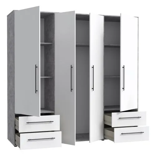 Kleiderschrank Drehtürenschrank Mokko | mit Schubkästen | Betonoptik Lichtgrau / weiß | 206 x 200 x 59 cm