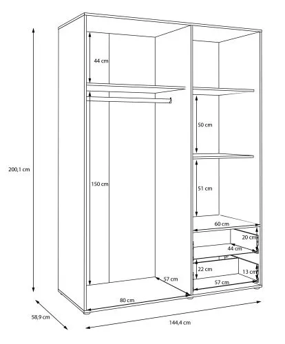 Kleiderschrank Drehtürenschrank Mokko | mit Schubkästen | schwarz | 144,4 x 200 x 59 cm