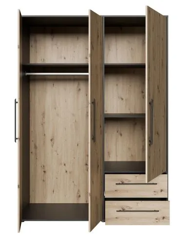 Kleiderschrank Drehtürenschrank Mokko | mit Schubkästen | schwarz / Artisan Eiche | 144,4 x 200 x 59 cm