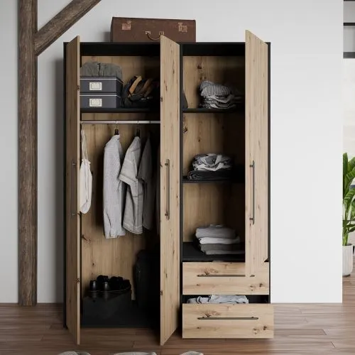 Kleiderschrank Drehtürenschrank Mokko | mit Schubkästen | schwarz / Artisan Eiche | 144,4 x 200 x 59 cm