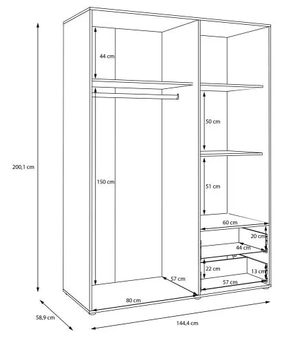 Kleiderschrank Drehtürenschrank Mokko | mit Schubkästen | schwarz / Artisan Eiche | 144,4 x 200 x 59 cm