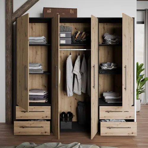 Kleiderschrank Drehtürenschrank Mokko | mit Schubkästen | schwarz / Artisan Eiche | 206 x 200 x 59 cm