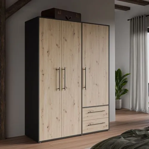 Kleiderschrank Drehtürenschrank Mokko | mit Schubkästen | schwarz / Artisan Eiche | verschiedene Größen