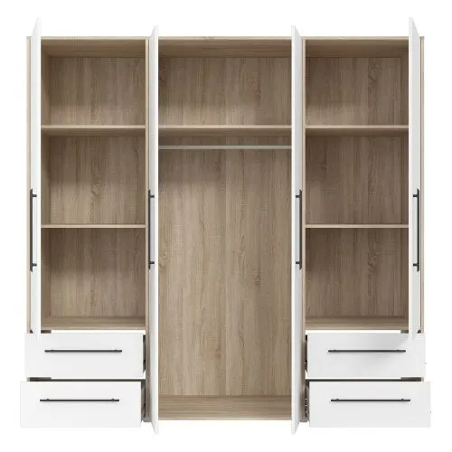 Kleiderschrank Drehtürenschrank Mokko | mit Schubkästen | Sonoma Eiche / weiß | 206 x 200 x 59 cm