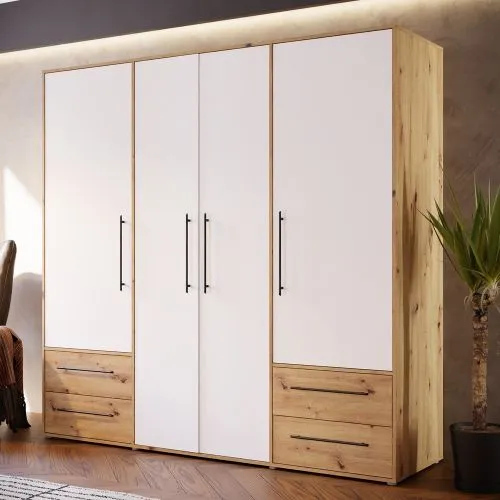 Kleiderschrank Drehtürenschrank Mokko | mit Schubkästen | weiß / Artisan Eiche | 206 x 200 x 59 cm