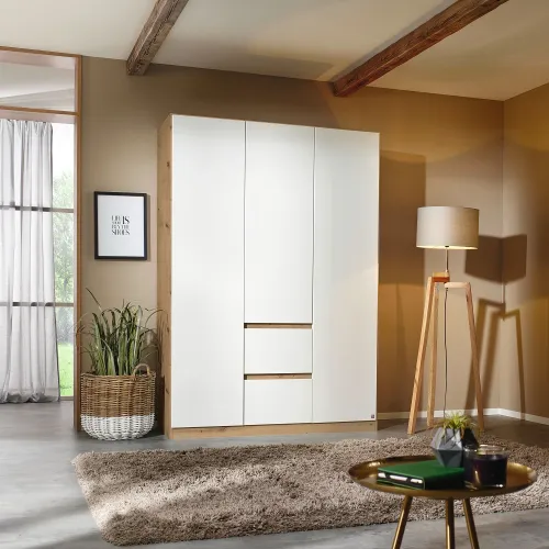 Kleiderschrank Drehtürenschrank Nidda | 3-türig | mit Schubkästen | Alpinweiß / Eiche Artisan