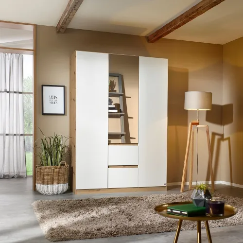 Kleiderschrank Drehtürenschrank Nidda | 3-türig | mit Spiegel | Alpinweiß / Eiche Artisan