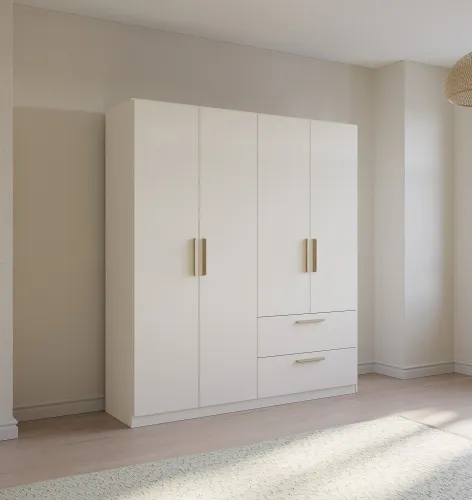Kleiderschrank Drehtürenschrank Quadra-Spin | 4-türig | mit Schubkästen | alpinweiß | 181x210 | Griff Skandi
