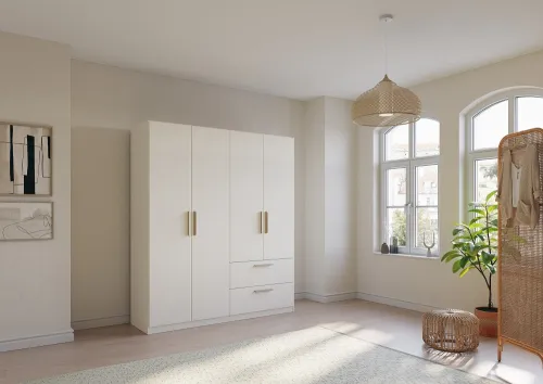 Kleiderschrank Drehtürenschrank Quadra-Spin | 4-türig | mit Schubkästen | alpinweiß | 181x210 | Griff Skandi
