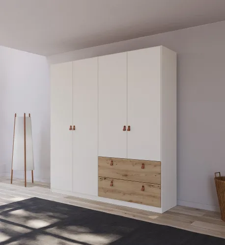 Kleiderschrank Drehtürenschrank Quadra-Spin | 4-türig | mit Schubkästen | alpinweiß / Eiche Artisan | 181x210 | Griff Homey