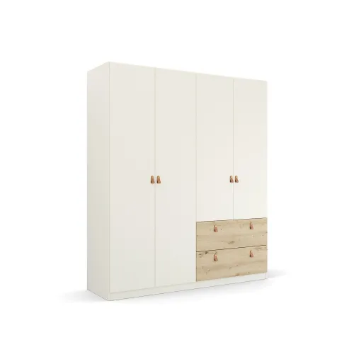 Kleiderschrank Drehtürenschrank Quadra-Spin | 4-türig | mit Schubkästen | alpinweiß / Eiche Artisan | 181x210 | Griff Homey