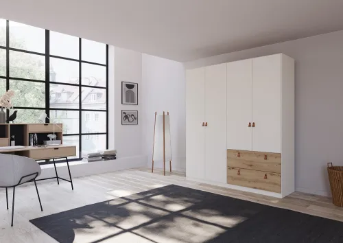 Kleiderschrank Drehtürenschrank Quadra-Spin | 4-türig | mit Schubkästen | alpinweiß / Eiche Artisan | 181x210 | Griff Homey